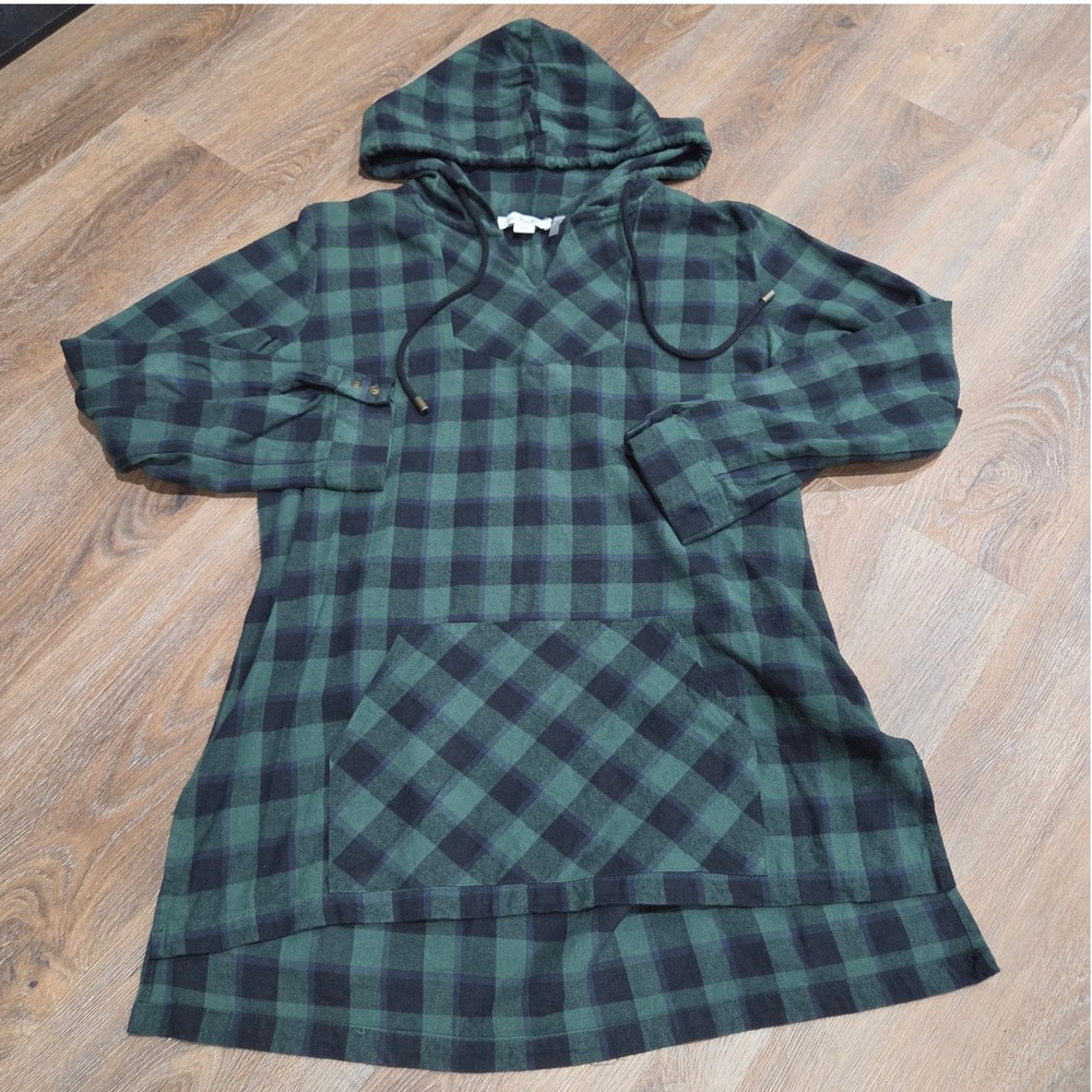 Simply Noelle Green Navy Buffalo Plaid Flannel Hoodie Tunic L/XL 12-14